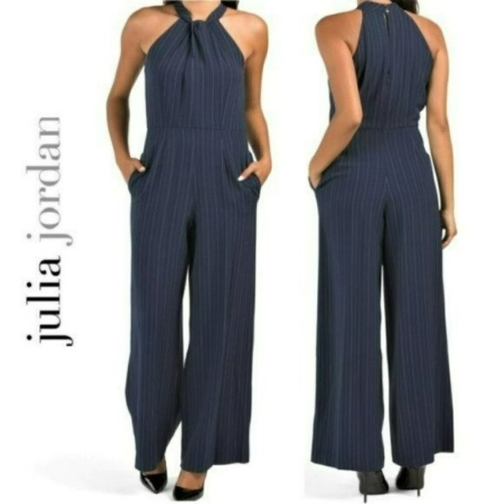 NWT JULIA JORDAN Sleeveless Twist Halter Neck Wide Leg Striped Jumpsuit - Picture 1 of 10